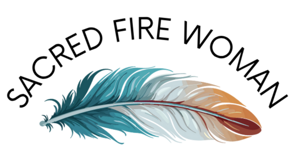 Logo of 'Sacred Fire Woman' with a colorful feather on a white background