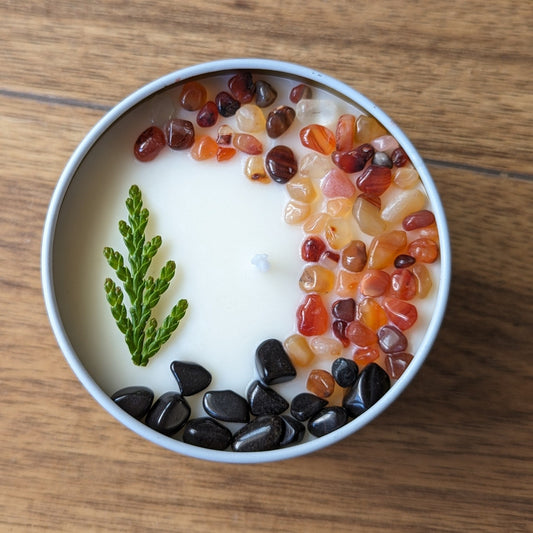 Crystal Infused Soy Candle – 7.5 oz Tin | You Choose Scent | Sacred Fire Woman